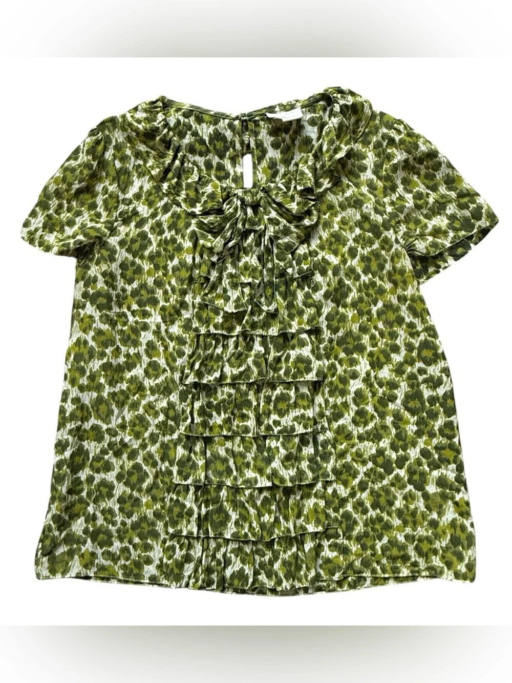 Kate Spade Silk Wool Leopard Print Ruffle Blouse Green Bow Top M Office Chic